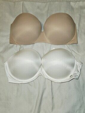 Lot of 2 Victoria's Secret 32DD Strapless Push-Up Bras | White + Nude